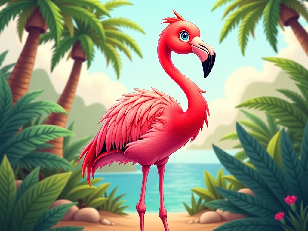 An illustration of a pink flamingo standing in a tropical jungle with palm trees and a blue lagoon in the background, in a cartoon style, vibrant and colorful.