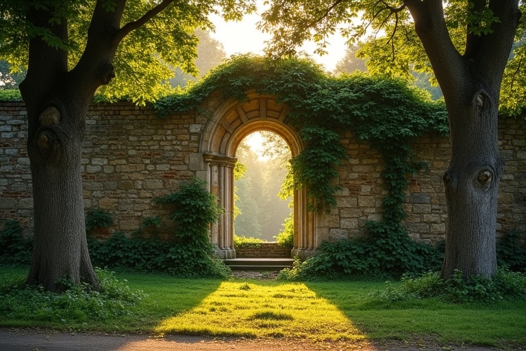 Ruined wall features a Romanesque arched window without glass. Large trees stand beside the wall. Vines cover the surface creating an overgrown appearance. Evening sunlight illuminates the wall and tree tops. Ground vegetation catches sunlight in areas.