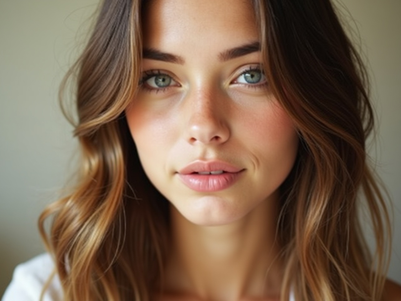 This image features a close-up portrait of a young woman with soft, delicate features and natural makeup. She has long, wavy hair that frames her face, contributing to her gentle appearance. The lighting used is soft and warm, highlighting her facial features beautifully. The background is simple and unobtrusive, ensuring her face remains the focal point. The color palette is warm and soft, enhancing the overall delicate aesthetic of the portrait. This composition captures a serene and inviting mood, making it ideal for beauty and fashion contexts.