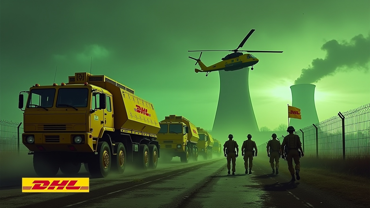 In a dramatic scene, several large yellow armored trucks equipped with cannons drive up to a fence. The sides of the trucks prominently display the DHL logo. Nearby, soldiers wearing yellow uniforms and holding rifles march together, with one holding a flag bearing the DHL logo. The backdrop features smokestacks of a nuclear power plant glowing green. A large Chinook CH-47 helicopter flies above, enhancing the intense atmosphere. The scene is set under an ominous green sky, emphasizing a sense of urgency and action.