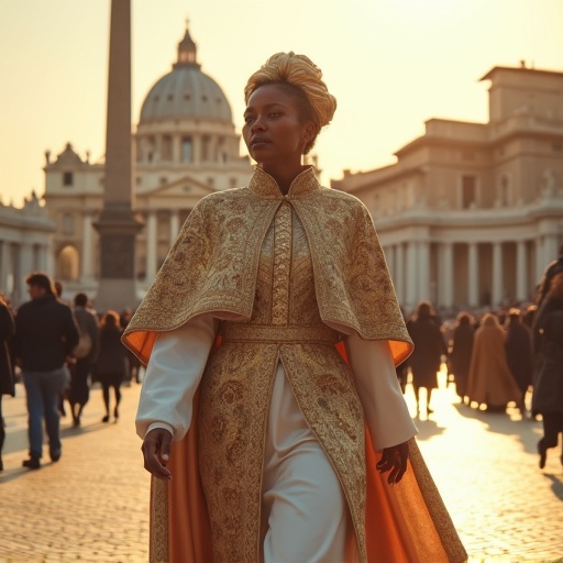 A woman wearing papal attire walks through Vatican City during golden hour. Saint Peter's Basilica serves as a backdrop in the warm light of sunset.