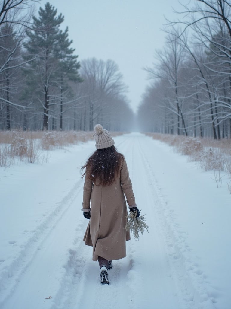 Woman walking on a snowy path in a winter landscape. She wears a long coat and knitted hat. Snow-covered trees line the path. Light snowfall creates a serene atmosphere.