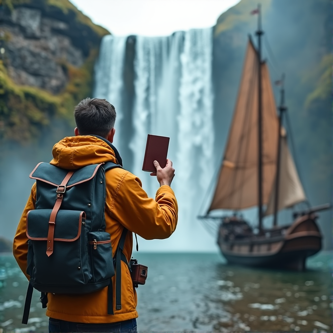 A person with a backpack holds a book, standing near a large waterfall with a ship in the background.