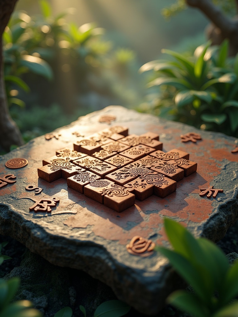 Wooden tangram puzzle pieces are scattered across a polished stone tablet. The pieces are ornately carved. The tablet is etched with Chinese seal script. Lush greenery surrounds the scene. A misty atmosphere enhances the ancient setting. Lighting is soft and golden. The image showcases rich colors.