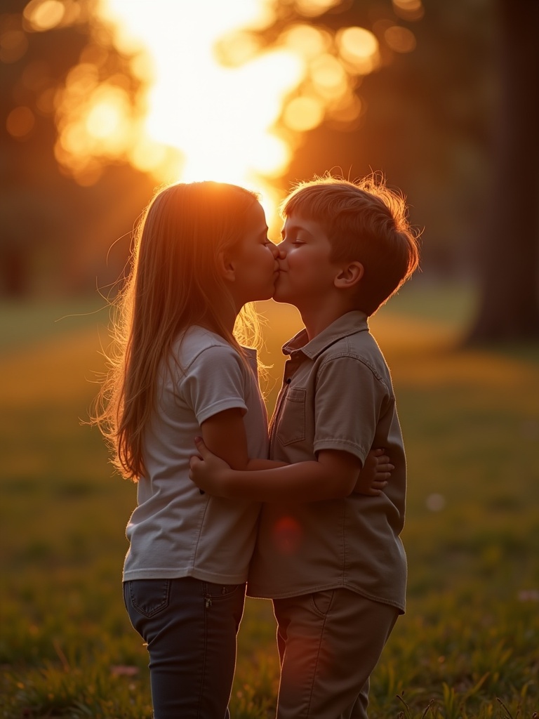 A girl and a boy kiss each other in a park at sunset. Warm light surrounds them creating a soft glow. Their embrace shows affection in a serene outdoor setting.