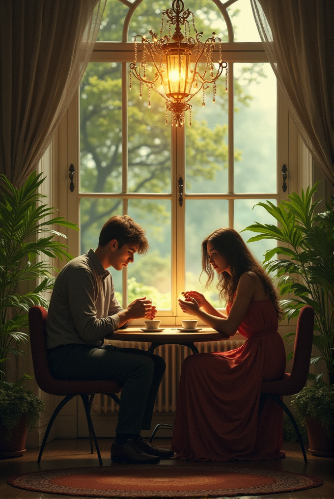 A couple sits at a small table with coffee in a cozy room lit by a glowing chandelier.