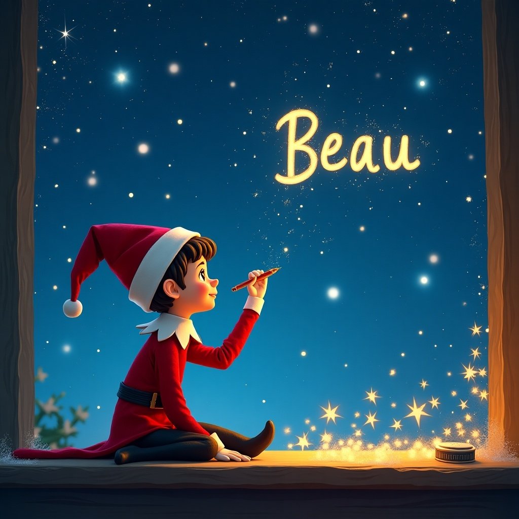 The image shows an enchanting scene where a young elf, dressed in classic red and white attire, sits on a window sill. With a joyful expression, he uses a wand to write the name 'Beau' in sparkling letters against a deep blue sky filled with stars. The atmosphere is filled with holiday magic, capturing the essence of Christmas cheer. The elf is surrounded by twinkling lights, adding to the festive mood. This heartwarming image would be perfect for invoking the joy of the holiday season.