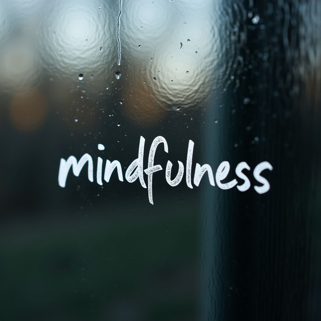 The word 'mindfulness' is written on a foggy glass window.