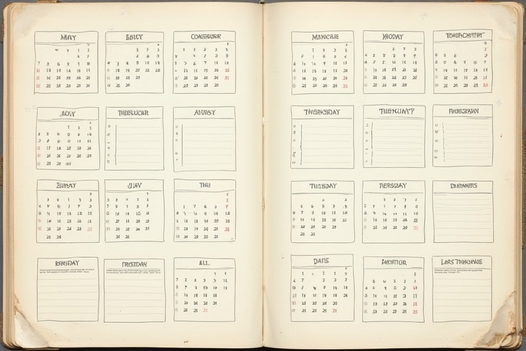 Displayed are vintage calendar pages of months completing the year. Each month is laid out with rows of numbered days. Blank lines are visible for notes. The pages are in a worn condition.