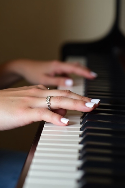 Image displays a young woman's hands with white nail polish playing black and white piano keys. The focus on the hands demonstrates musical skill. Soft lighting enhances the aesthetic of the scene.