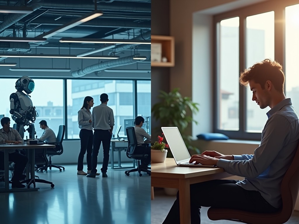 The image features a dual scene. On one side, a group of professionals engage in a discussion around a humanoid robot in a modern office environment. The scene is lively, filled with natural light and sleek furniture. On the other side, an individual works alone at a desk, typing on a laptop surrounded by a serene atmosphere with plants. The contrast between collaboration with technology and individual productivity highlights modern work life. This image embodies the blend of human effort and technological assistance in professional settings.