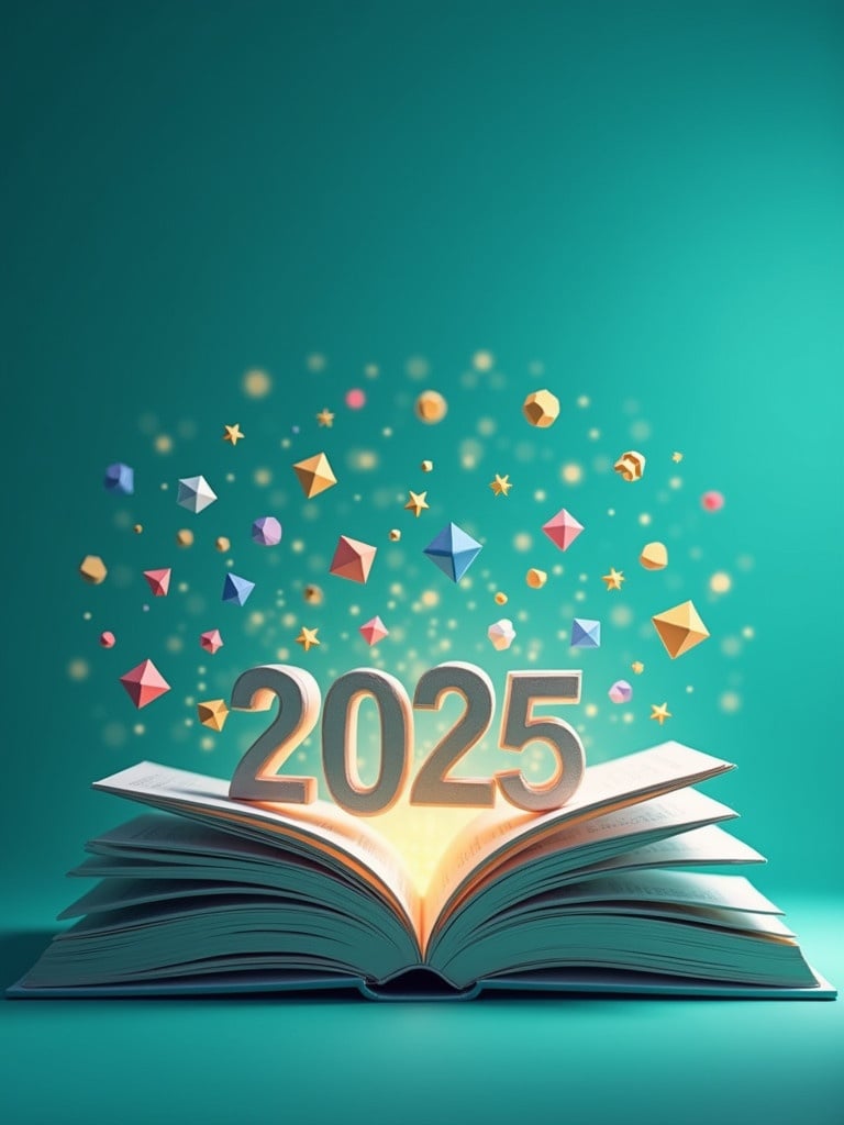 Open book with 2025 written emerging from pages. Colorful shapes surround number. Background is turquoise. Book pages fan out creating an inviting look.