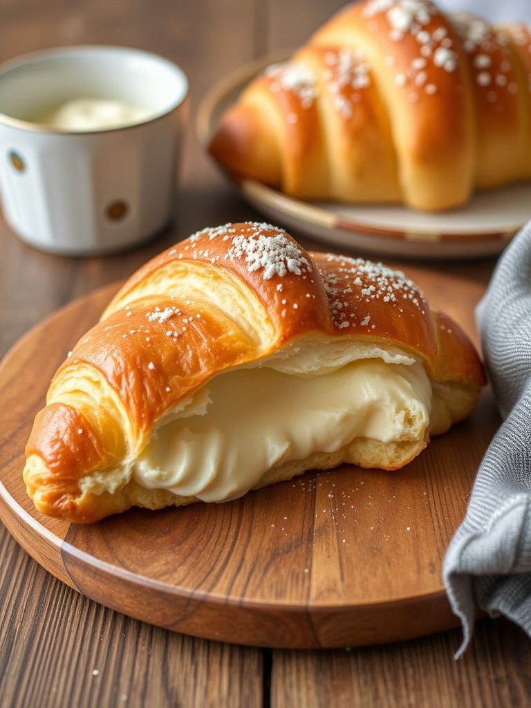 A luscious croissant filled with cream and topped with sugar on a wooden tray, accompanied by a mug.