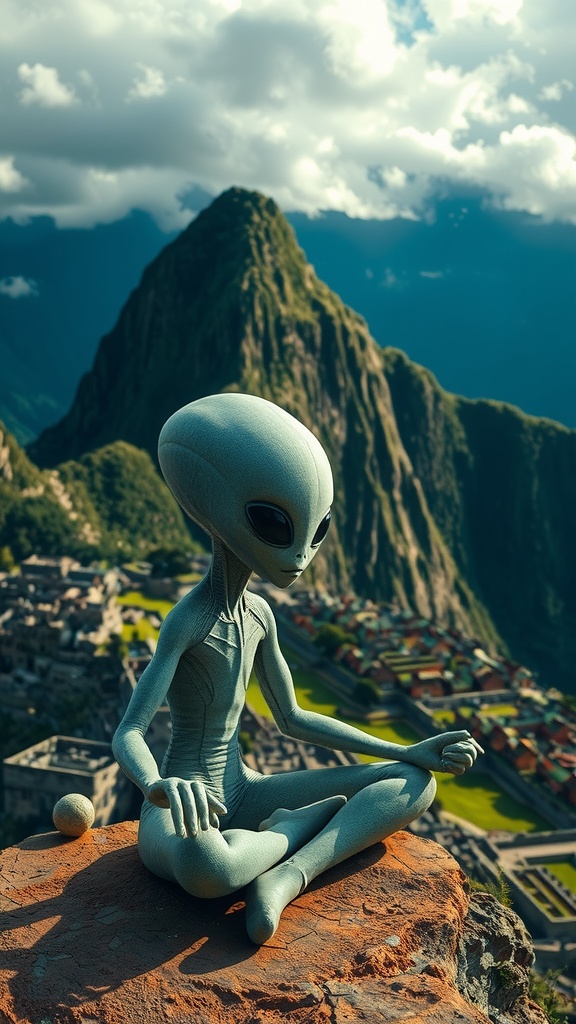 An alien figure sits meditating on a rock at the iconic Machu Picchu site, with dramatic mountains in the background.