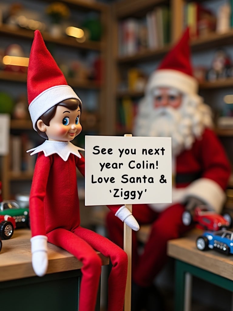 Elf on the shelf character in red outfit with sign. The sign reads 'See you next year Colin! Love Santa & Ziggy'. Elf sits in a toy workshop with Santa and toy cars in the background.