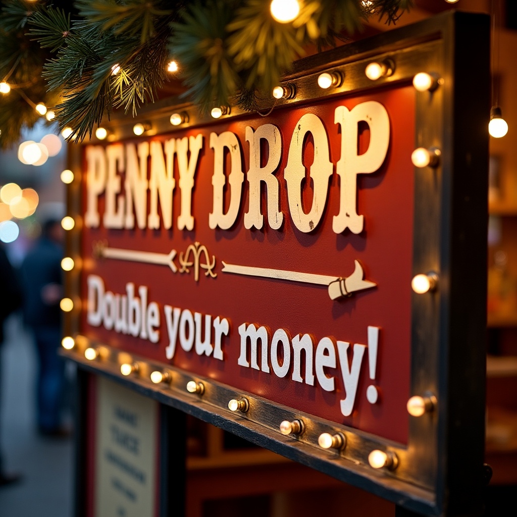 The image depicts a vibrant Christmas market stall sign that reads 'Penny Drop' in decorative lettering. Below, it features the enticing caption 'Double your money!' inviting visitors to participate in a game or activity. The sign is adorned with warm, glowing lights, adding to the festive atmosphere of the market. The background hints at a bustling market scene filled with holiday cheer. This sign captures the spirit of the season, perfect for enticing guests and promoting fun activities.