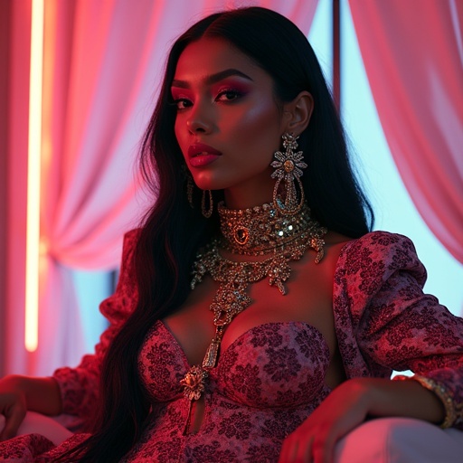 Extreme high fashion with luxurious couture. Stylish look inspired by anime fashion. Model displays confidence with opulent accessories. Visual impact blends fantasy with real-world couture aesthetics. Masterful crafting of layered attire for a date night theme. Bright colors and intricate patterns.