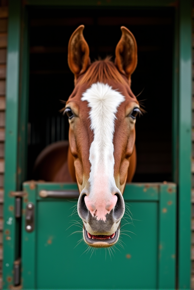 A horse with a distinctive white blaze gazes curiously from a stable doorway.