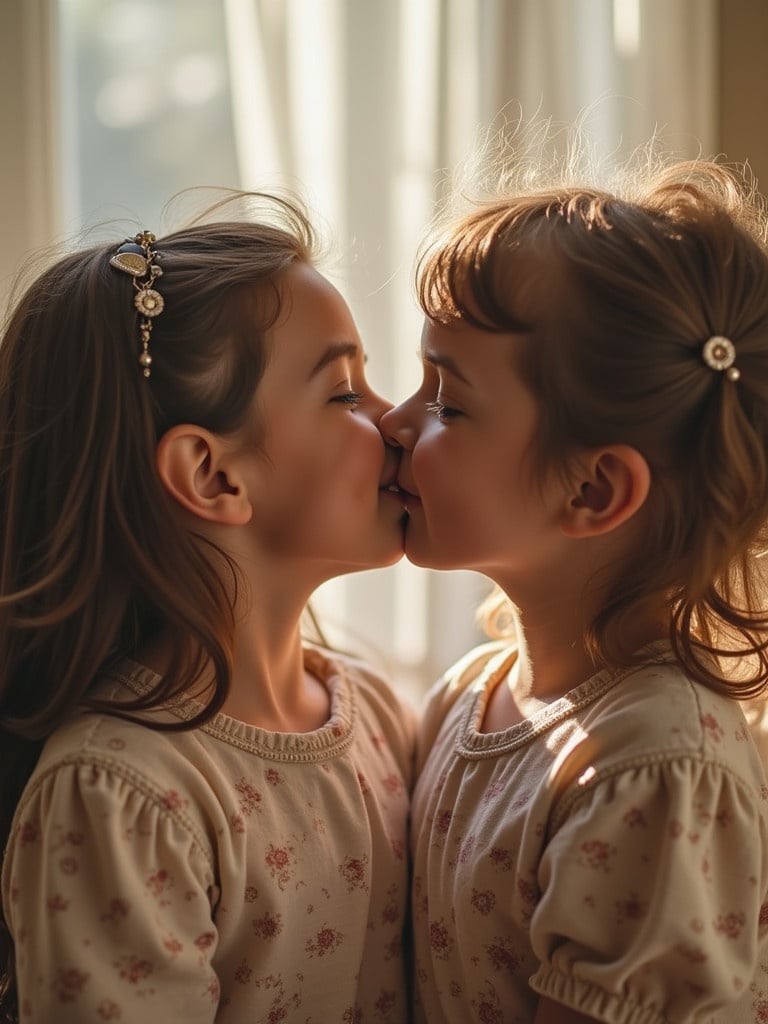 Sisters sharing a kiss in a soft, warm light. They are close together, showing affection. The setting is cozy with natural lighting.