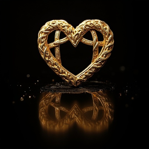 Celtic torque featured in golden color. Heart shape with intricate designs. Reflections on a dark surface. Black background highlights the beauty of the piece.