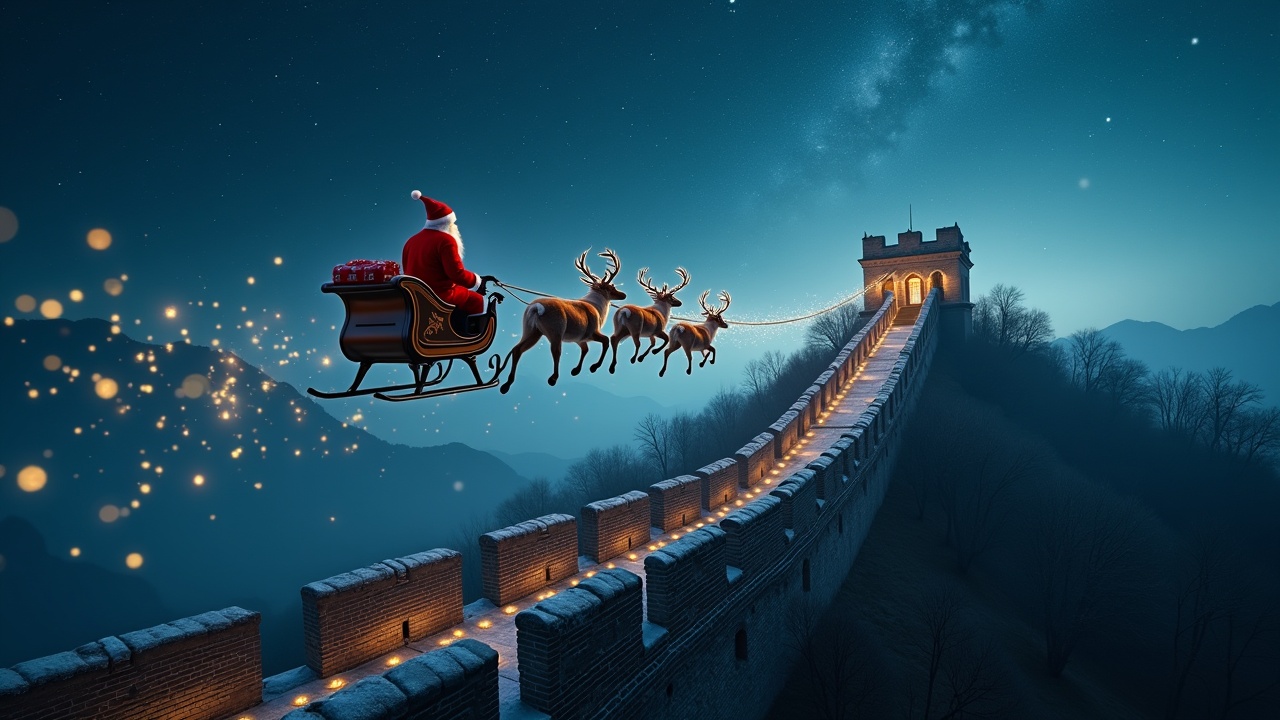 Magical atmosphere aerial shot of Santa flying towards the camera on his sleigh over The Great Wall of China. A trail of sparkles is visible. Shot captured on Arriflex Alexa with ultra-realistic details.