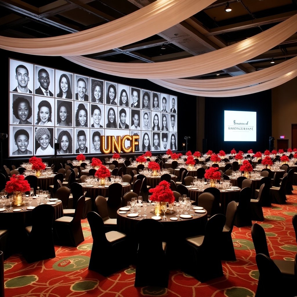 This image features a large banquet room, measuring approximately 50,000 square feet, elegantly decorated for a gala. The walls are adorned with black and white drapes, showcasing a wall-to-wall display of black and white photos of African American graduates. In the foreground, tables are arranged with centerpieces made of vibrant red roses. There are 5-foot tall illuminated letters spelling out 'UNCF' as a focal point of the event. The atmosphere is one of celebration and recognition, suitable for honoring achievements in education.