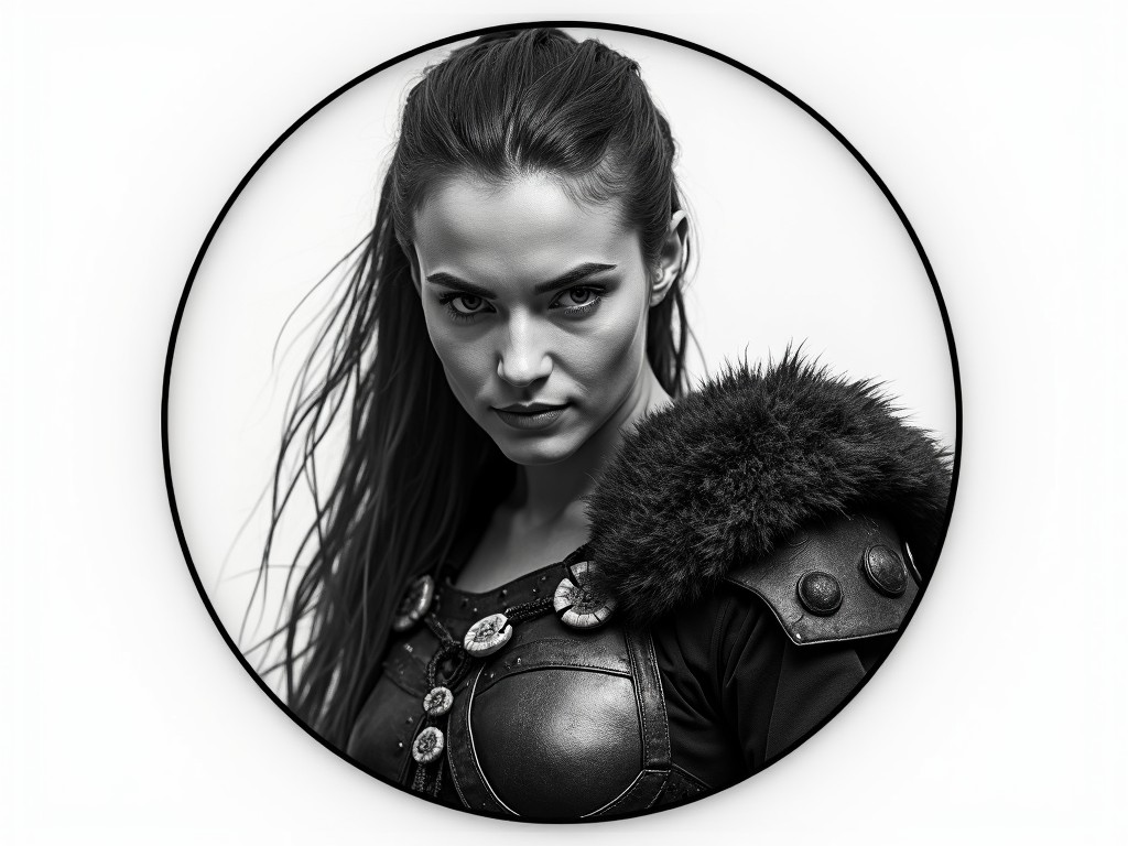 This monochrome image features a woman dressed in elaborate warrior armor, characterized by detailed leather and fur elements. The portrait-style framing draws attention to her piercing stare, conveying a sense of strength and determination. Her hair flows naturally, adding a dynamic touch to the otherwise minimalist composition.