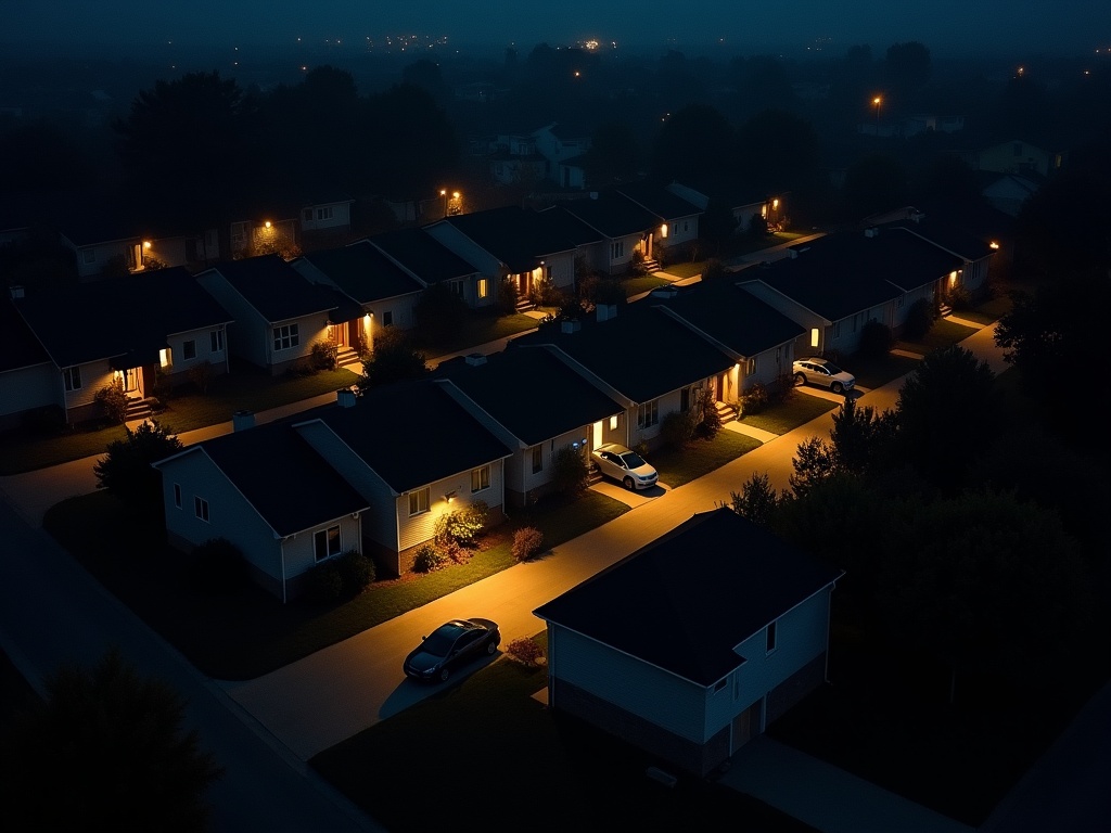 This image depicts a top view of a suburban neighborhood during the night. The scene is illuminated by warm lights in front of each house. Cars are parked neatly in front of the homes, adding to the residential charm. The atmosphere exudes peace and solitude, inviting viewers to enjoy the quiet of the evening. The soft glow from the lights contrasts beautifully with the dark surroundings, creating a serene feel. This tranquil setting might evoke feelings of comfort and relaxation in the viewer.