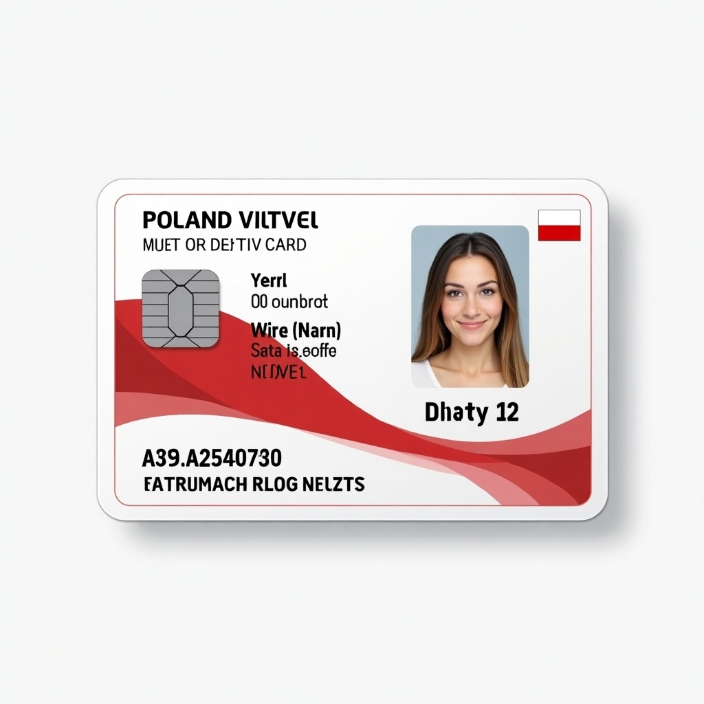 Generate an ID card design for Poland. Include personal identification elements and security features. Use colors from the Polish flag.