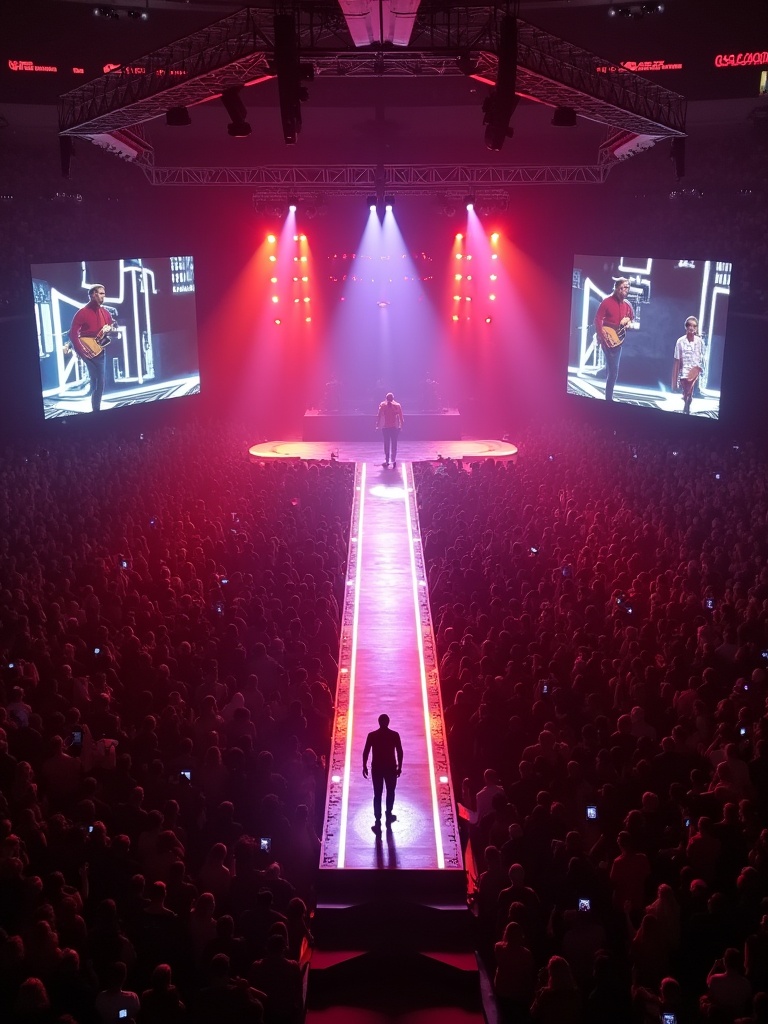 Travis Scott performs at Madison Square Garden. A dramatic view from a drone captures the T-stage runway. Vibrant lights fill the arena. The crowd cheers in excitement. Large screens feature the performance. Artists stand out on stage.