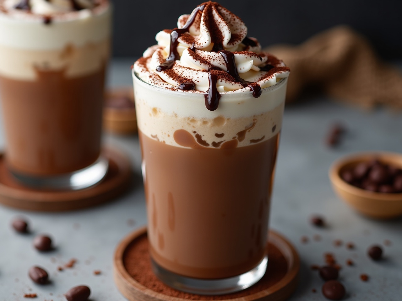 Iced chocolate coffee features fresh cream topped with chocolate syrup and chocolate powder. The drink is served in a glass with wooden coasters and coffee beans.