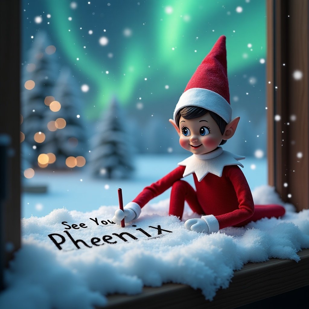 Elf on the Shelf writing in snow. Words 'See You Soon Phoenix' visible. Red outfit with white trim. Engaging smile. Northern lights in background. Snowy winter landscape. Realistic high definition.