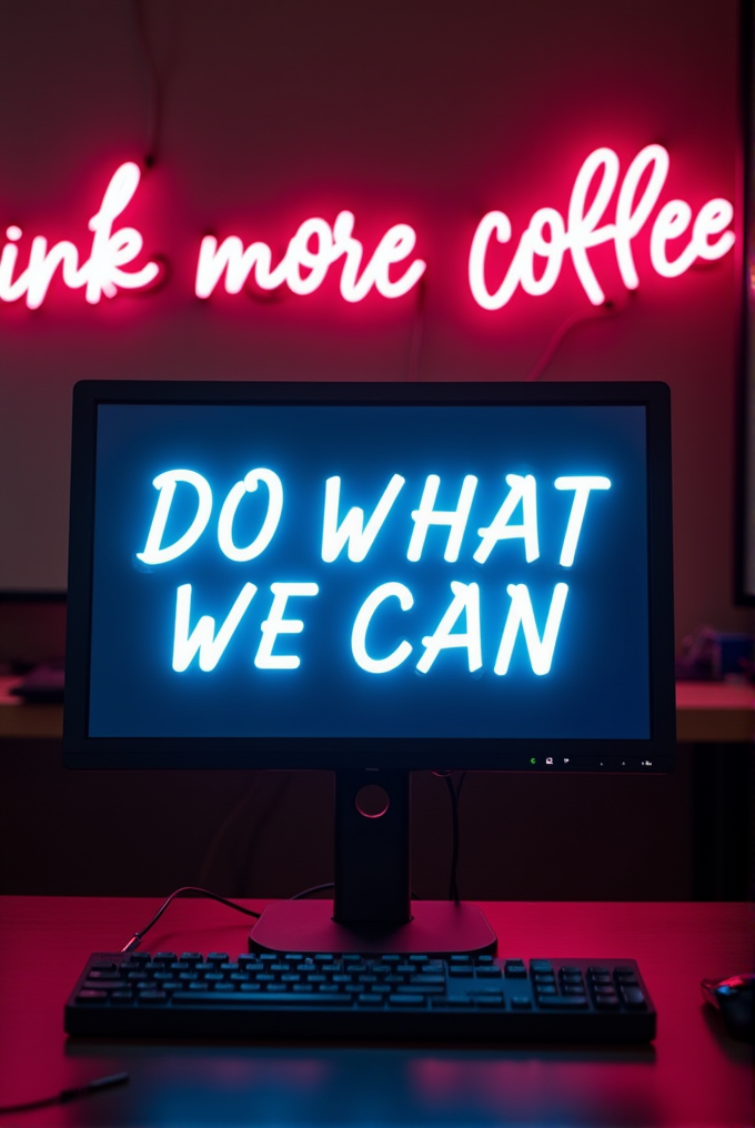 A computer screen with the phrase 'DO WHAT WE CAN' in neon blue lettering stands against a dark backdrop, accompanied by a neon pink sign reading 'drink more coffee.'