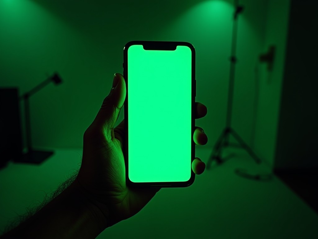 This image shows a hand holding a smartphone that displays a bright green screen. The setting is dimly lit, creating a dramatic effect with green lighting in the background. The focus is on the phone, which is in sharp contrast to the dark surroundings. It captures the modern technology theme well. This image can be used for design mockups or tech-related content.