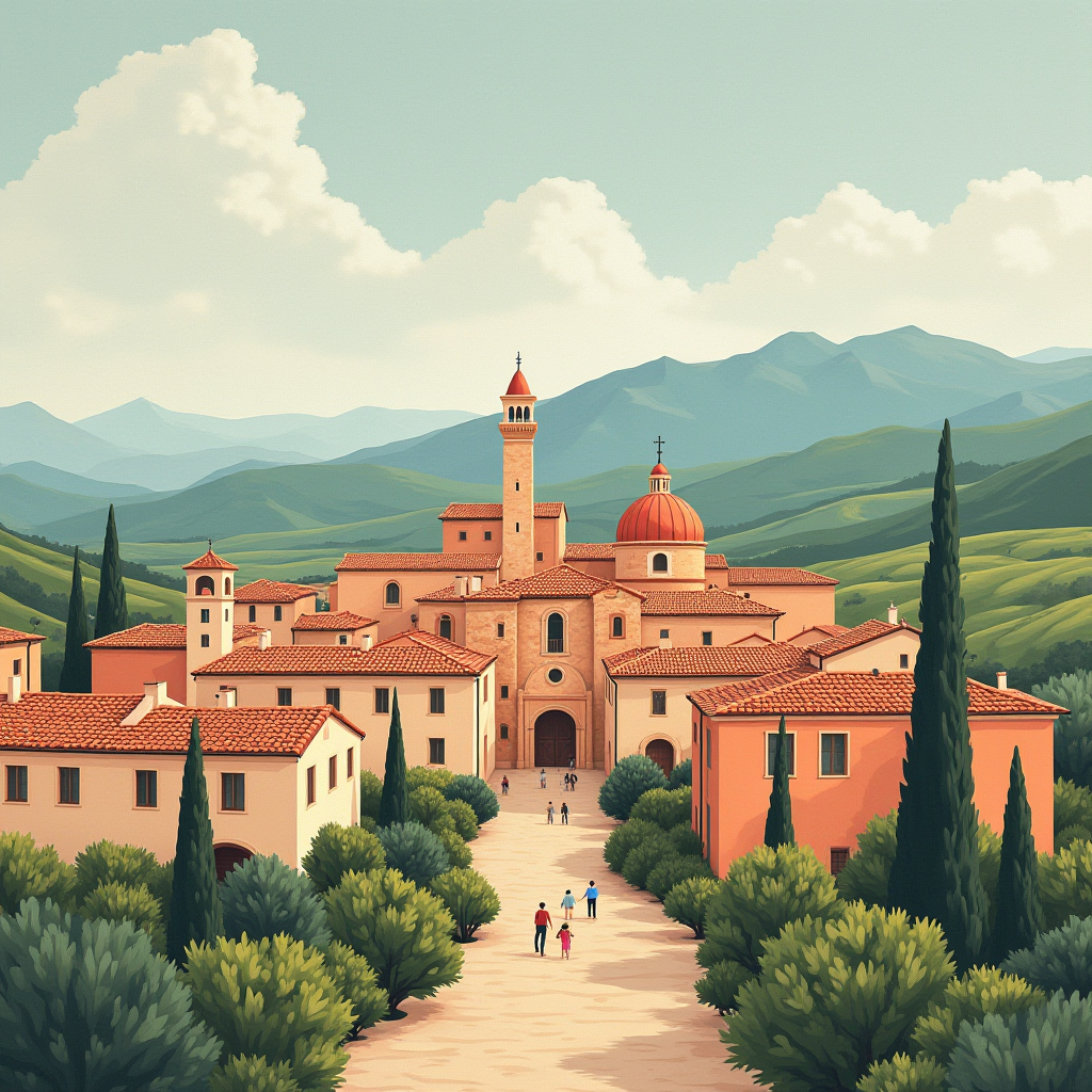 A picturesque Tuscan village with terracotta roofs and surrounding greenery against a mountainous backdrop.