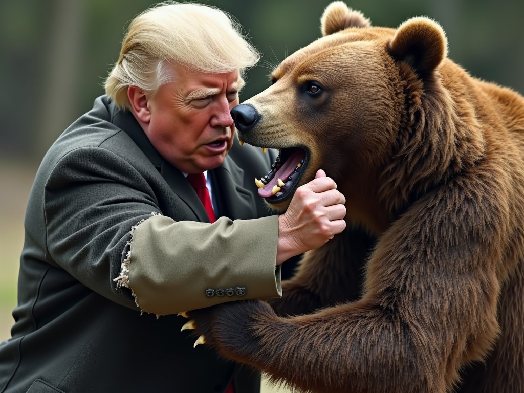 A surreal digital image depicts a person in a suit engaged in a dramatic and intense interaction with a large bear. The person appears to be in conflict with the bear, leaning in intensely as if speaking or shouting. The bear, with its mouth open, retains a wild and untamed presence. The setting is outdoors, with a blurred natural background, giving a sense of confrontation in the wilderness.