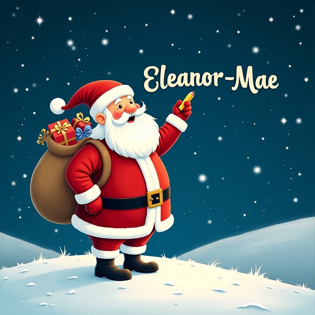 Santa Claus stands on snowy hill under starry night. He is writing names in the sky with a pencil. He is dressed in red and white. A large sack of gifts is on his back. The name 'Eleanor-Mae' is displayed in a whimsical font.