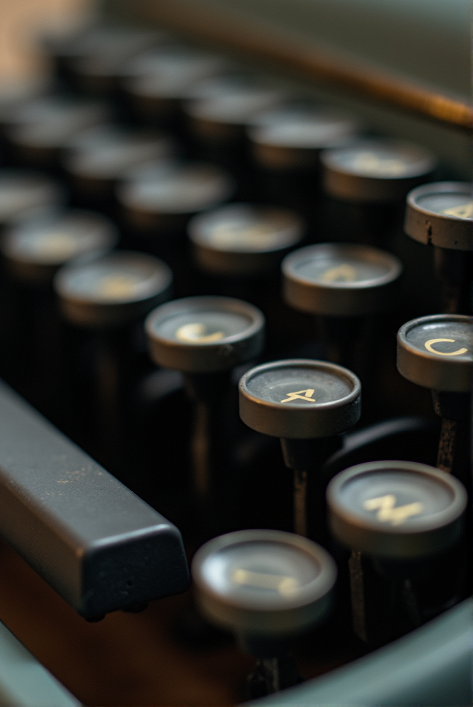 A close-up view of an antique typewriter keyboard with round keys featuring worn, faded letters.