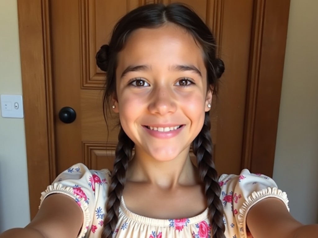 The image shows a young person taking a selfie. The person has braided hair, with some sections twisted and styled in a playful manner. They are wearing a light-colored dress with a floral pattern, which adds a cheerful touch to the appearance. The background features a wooden door, suggesting a cozy indoor setting. The individual is looking directly at the camera with a gentle smile, conveying a friendly and approachable demeanor.