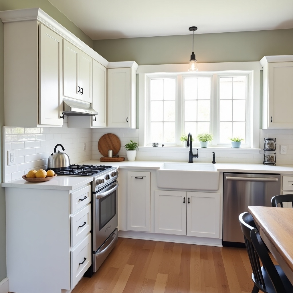 This image showcases a modern kitchen design featuring U-shaped cabinets along the walls. On the right, there's a white farmhouse sink, complemented by a sleek dishwasher and a stove. Upper cabinets provide storage above the countertop. To the left of the sink, a corner walk-in pantry is included for convenience. More base cabinets are positioned to the left of the pantry for additional storage, creating a functional yet stylish kitchen space.