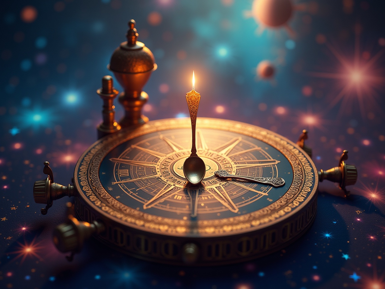 The image features a celestial scene filled with vibrant colors and stars. In the center, there is a beautiful astrolabe, intricately designed with golden elements. Instead of the original centerpiece, a small spoon is cleverly placed in the middle, subtly blending with the astrolabe's ornate features. Surrounding the spoon, a radiant light emanates, creating a warm glow. The background showcases a cosmic environment with hints of nebulae and distant galaxies.