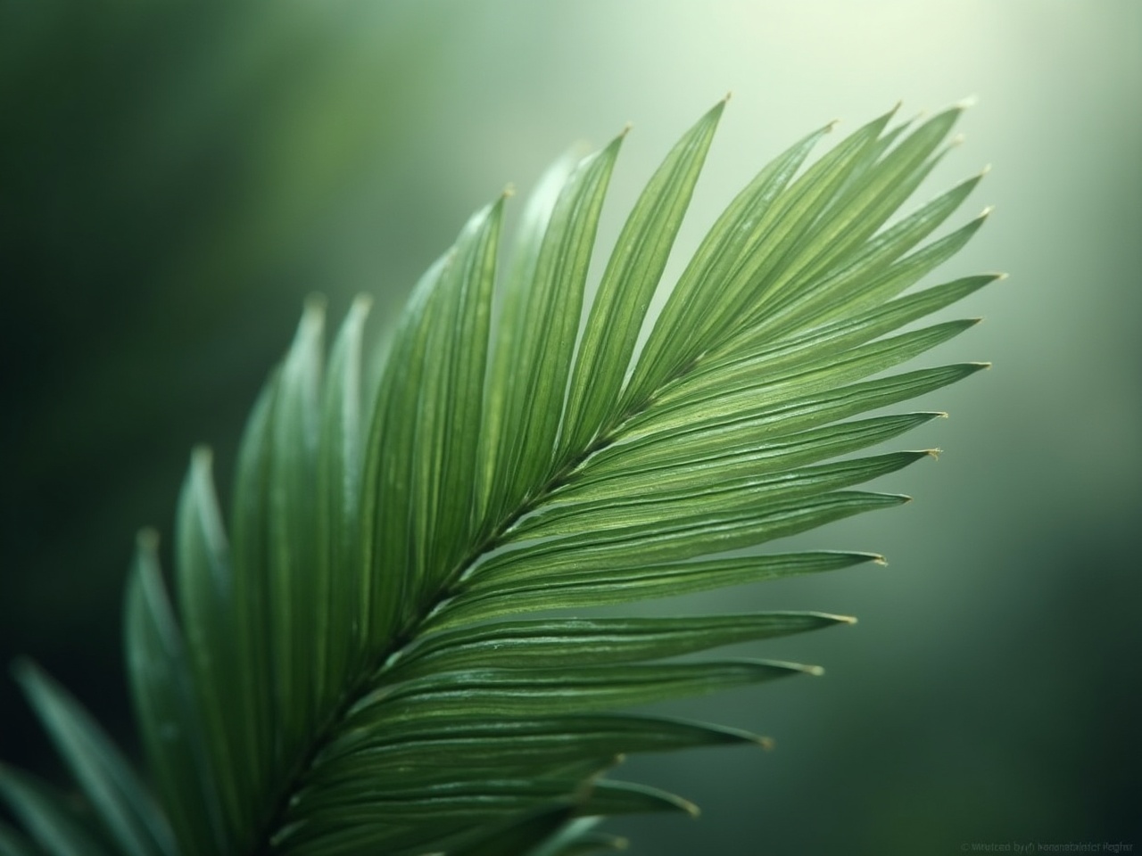 A close-up of a green palm leaf with a soft, blurred background