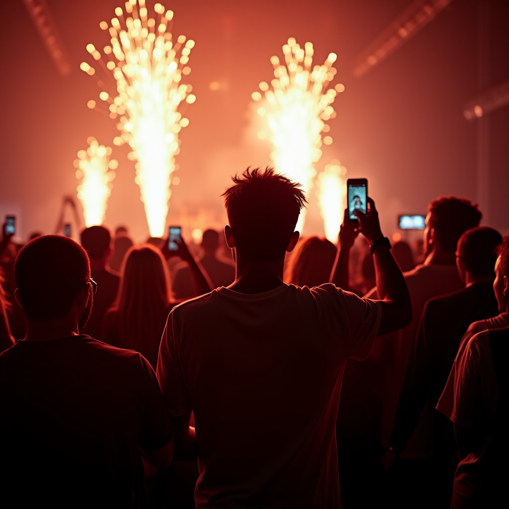 A crowd watches fireworks at a concert, with people capturing the moment on their phones.