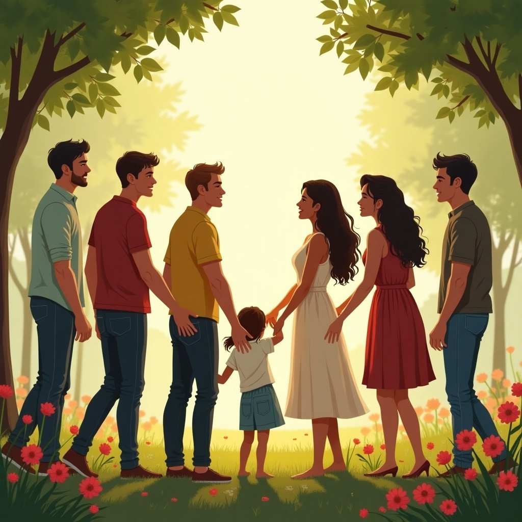 A family stands together in a forest setting. They hold hands and express love and unity. The atmosphere is warm and inviting. Seven individuals engaged in a tender moment with a child.