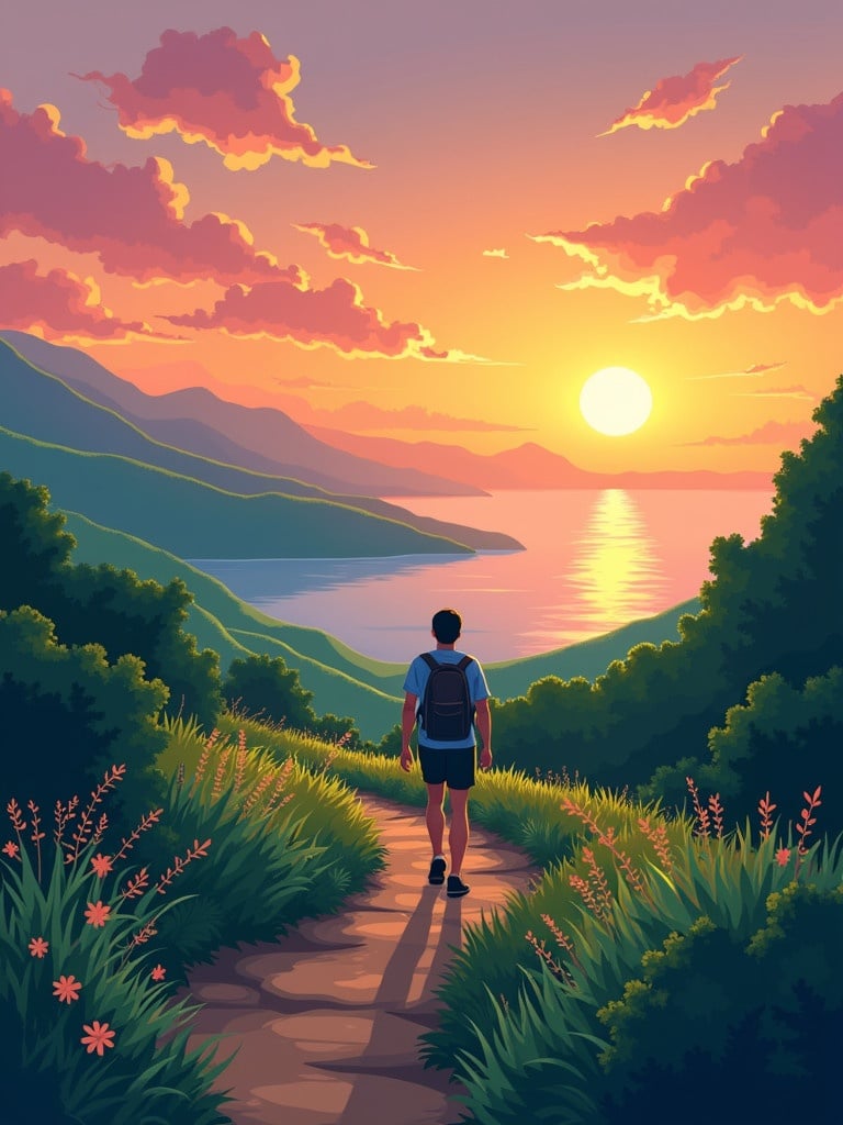 A person hiking in lush green hills. The scene showcases a stunning ocean sunset view resembling Hong Kong. The artwork has a clipart style.