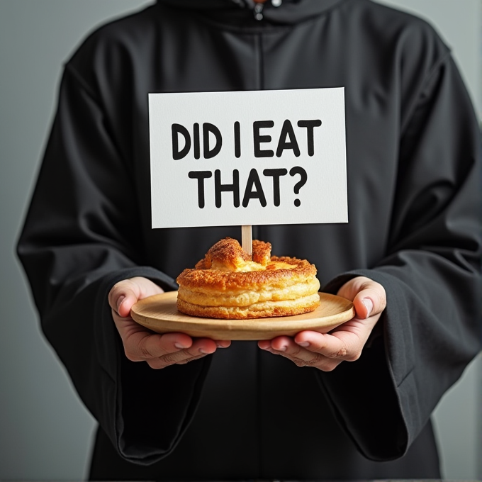 A person in a dark robe holds a pastry on a wooden plate with a sign that reads, 'Did I Eat That?'.