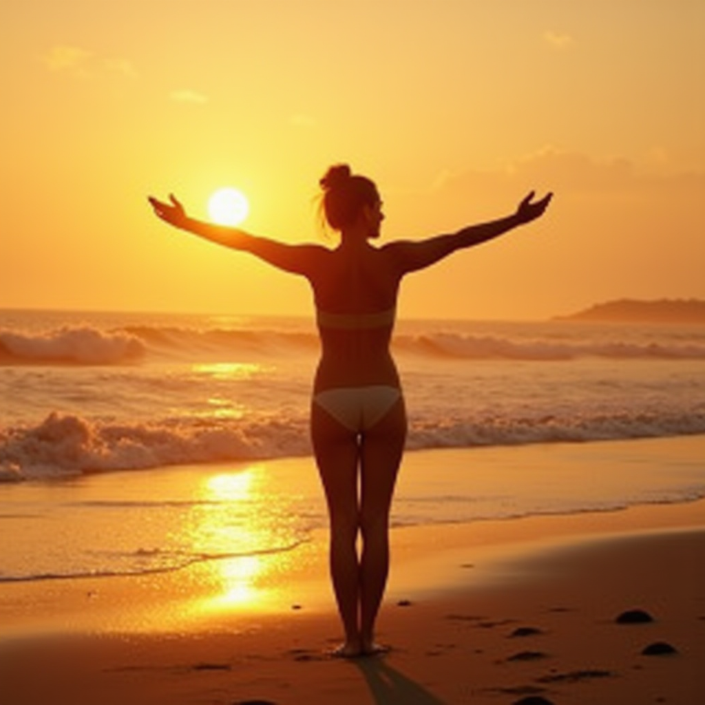 A silhouette of a woman with outstretched arms facing the ocean at sunrise.