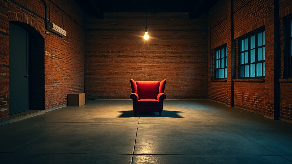 The image shows a spacious, industrial-style room with exposed brick walls and a concrete floor. At the center, a plush red armchair is illuminated by a single overhead light, creating a stark contrast against the minimalist surroundings. The room features a few large windows with a soft blue tint and shadows play across the floor, adding depth to the scene.