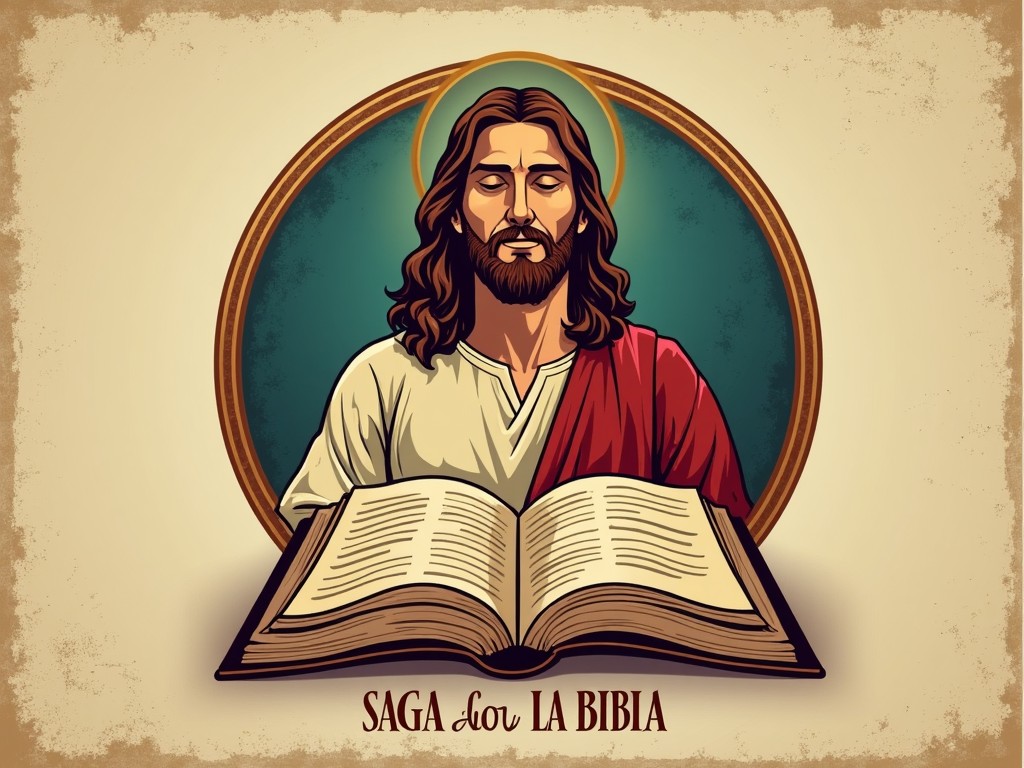 Create a vintage logo for a YouTube channel called 'Saga de La Biblia.' The logo should feature Jesus with a peaceful expression. An open big Bible should be prominently displayed in front of him. Use muted, earthy tones like teal, gold, and deep red. The design should have a circular border with classic, bold text that reads 'Saga de La Biblia.' The background should have an aged, textured effect to evoke a sense of timelessness and reverence. Focus on a respectful, retro style with subtle details that convey wisdom and spirituality.