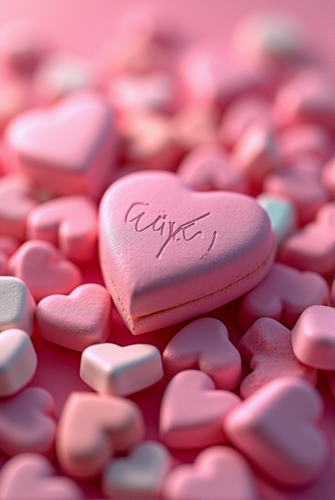 A large pink heart candy with writing is surrounded by smaller heart candies.